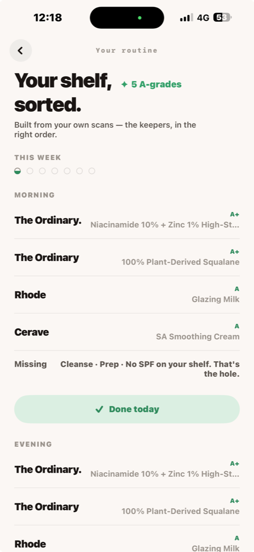 A Sus routine screen titled Your shelf, sorted, listing morning products with A grades and flagging that there is no SPF on the shelf.
