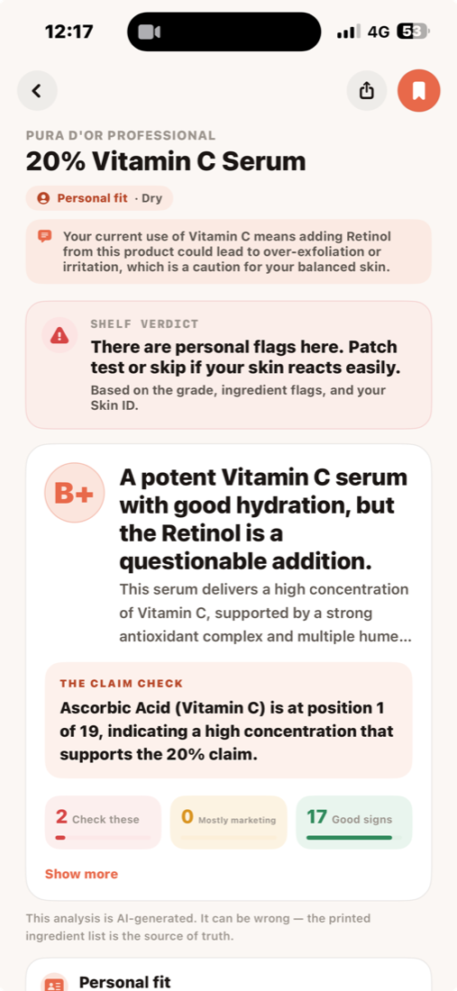 A Sus verdict for Pura d'Or 20% Vitamin C Serum: personal fit for dry skin, a warning that adding retinol to current vitamin C use risks over-exfoliation, a B plus grade, and a claim check reading Ascorbic Acid is at position 1 of 19, supporting the 20% claim.